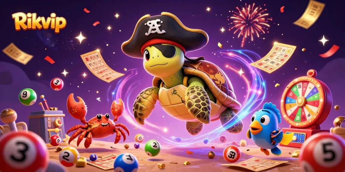Join the excitement at Rikvip with a vibrant casino scene filled with lottery balls and treasure!