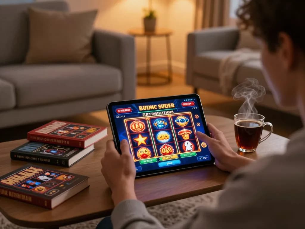 Engaging in slot gacor hari ini gameplay on a tablet in a cozy home setting, enhancing online gaming experience.