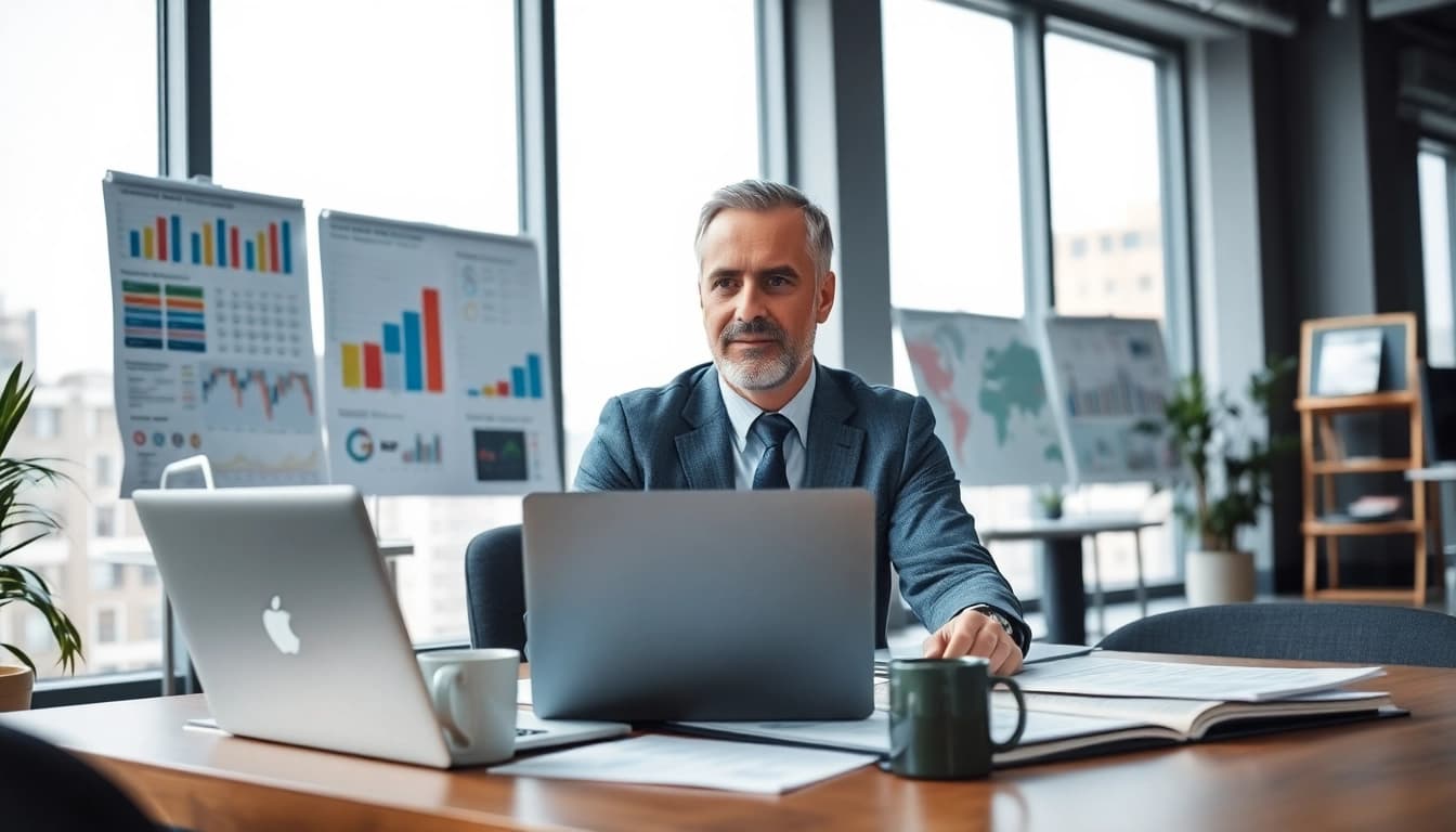 Engaging crisis management consultant reviewing strategies in a professional office.
