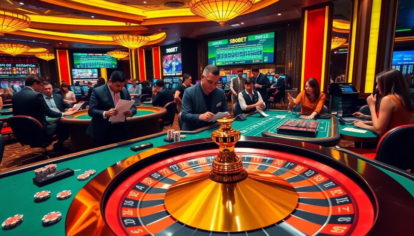 SBOBET bettors enjoying a thrilling experience at luxurious casino tables, eagerly placing bets.