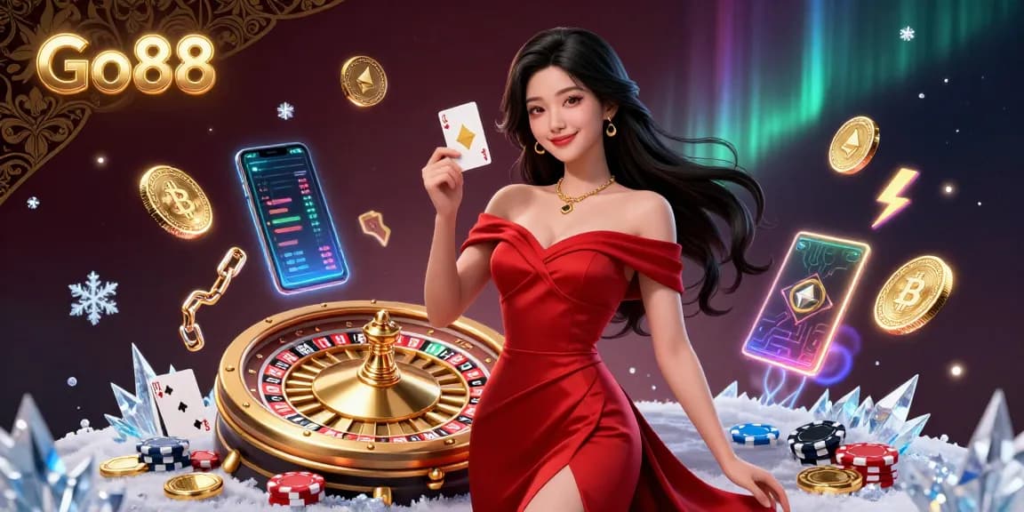 Experience Go88’s immersive casino atmosphere with a glamorous Asian woman showcasing a golden playing card by a roulette wheel.