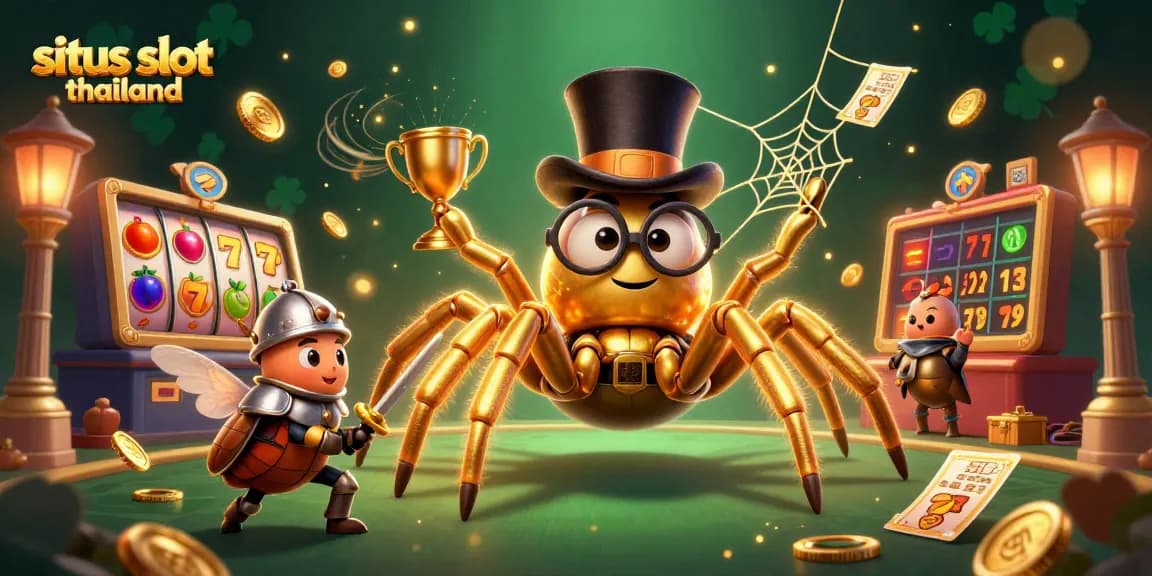Sitet slot thailand showcases a vibrant scene with golden tarantula and brave beetle knight amid spinning slot reels.