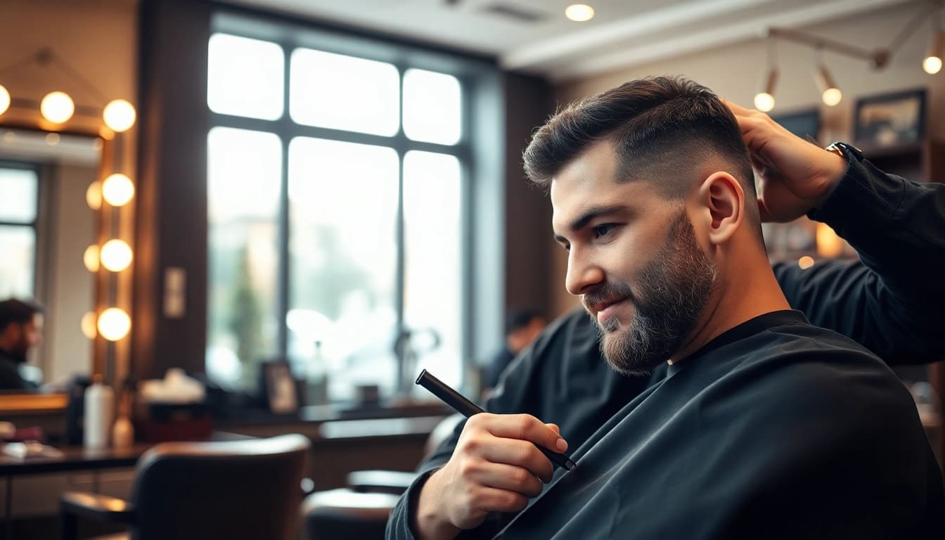 Frizer Craiova providing professional hair grooming service to a satisfied client.