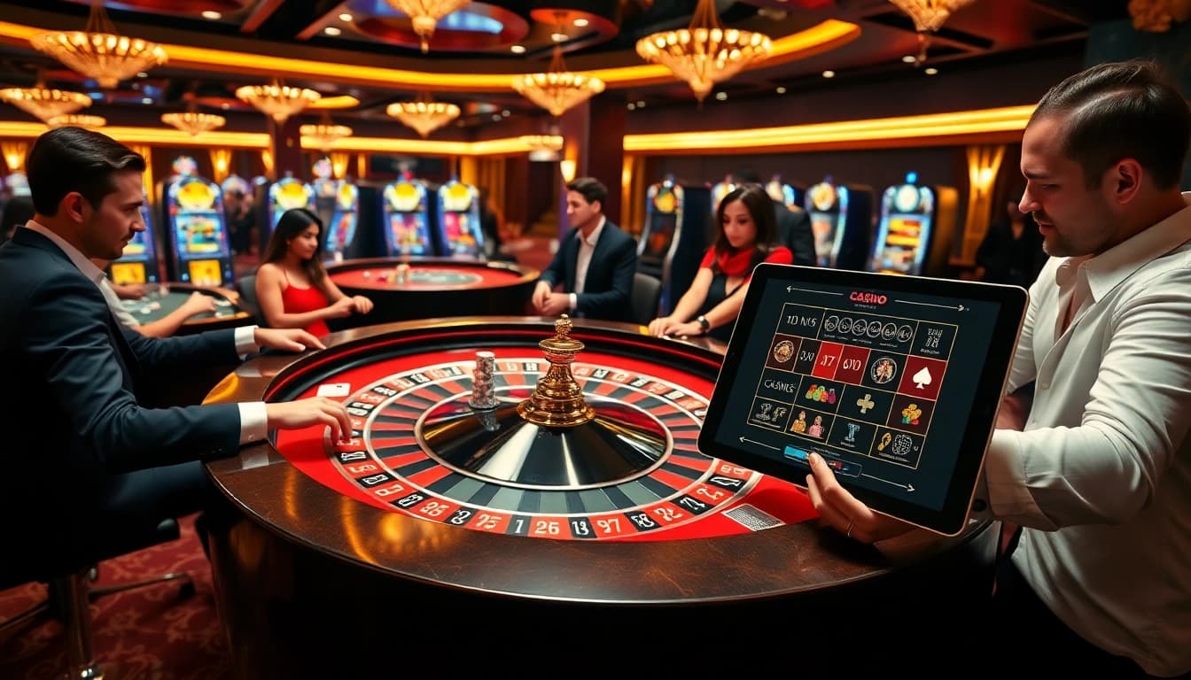 Scène de jeu passionnante représentant le casino en ligne France avec des éléments de roulette, de poker, et de luxe.