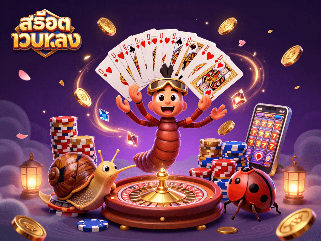 Experience thrilling action with สล็อตเว็บตรง as a cartoon millipede dealer showcases dazzling cards and chips.