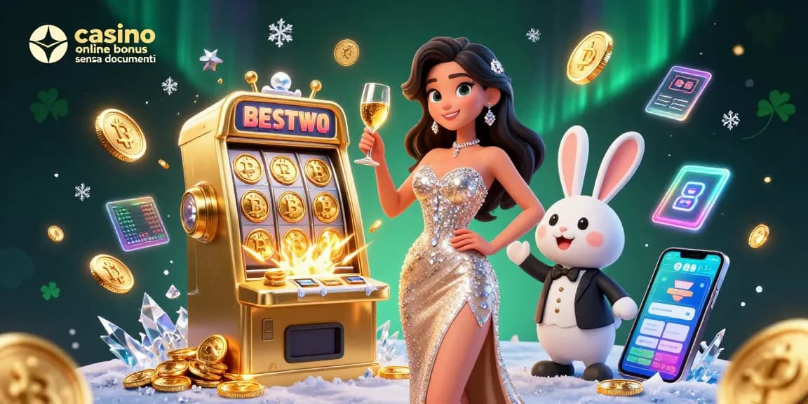 Vivi l'emozione con i bonus casino online senza documenti in questa vivace illustrazione che presenta una donna glamour e un croupier dei cartoni animati.