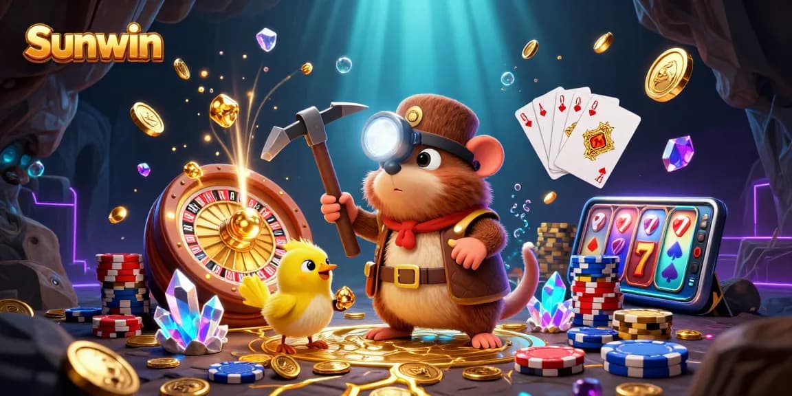 Spin the reels at Sunwin while exploring a treasure-filled cave with vibrant jewel tones and dynamic casino elements.