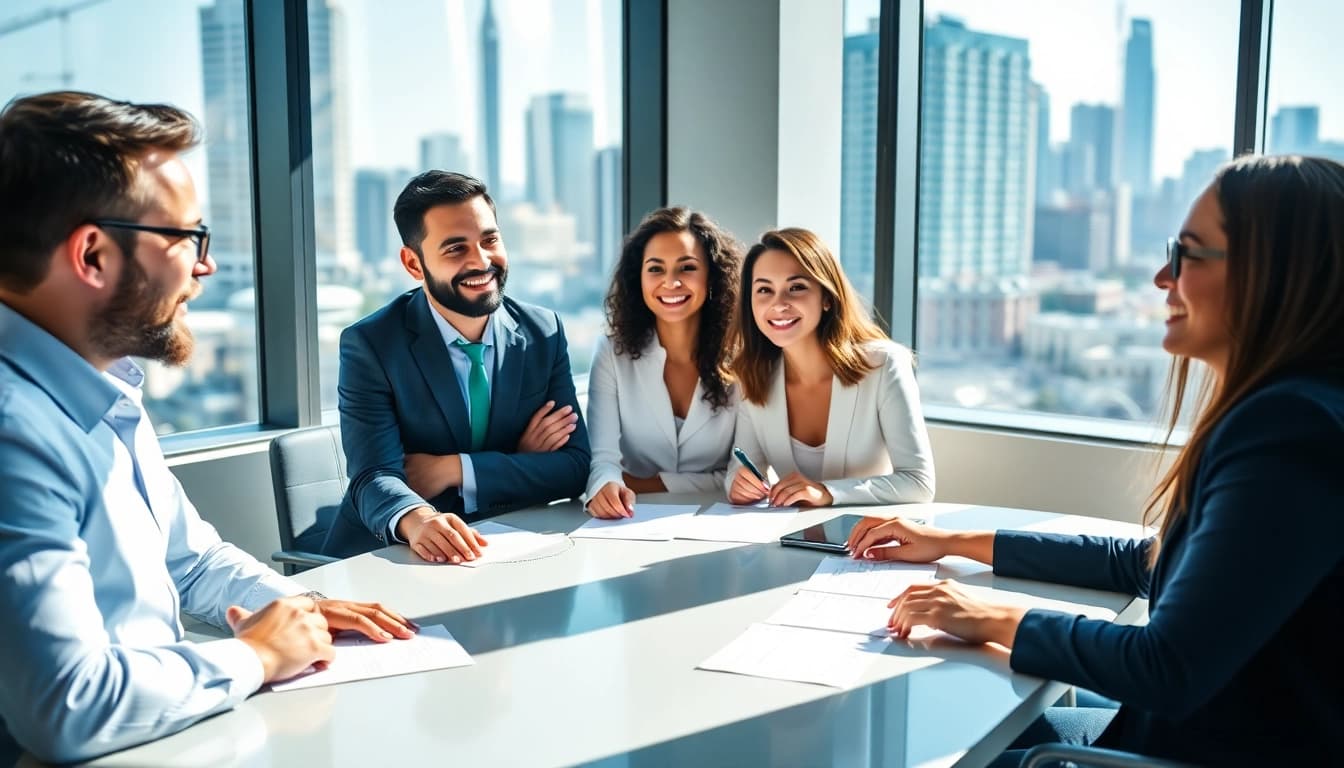 Business growth insights discussion among diverse professionals at a conference table.