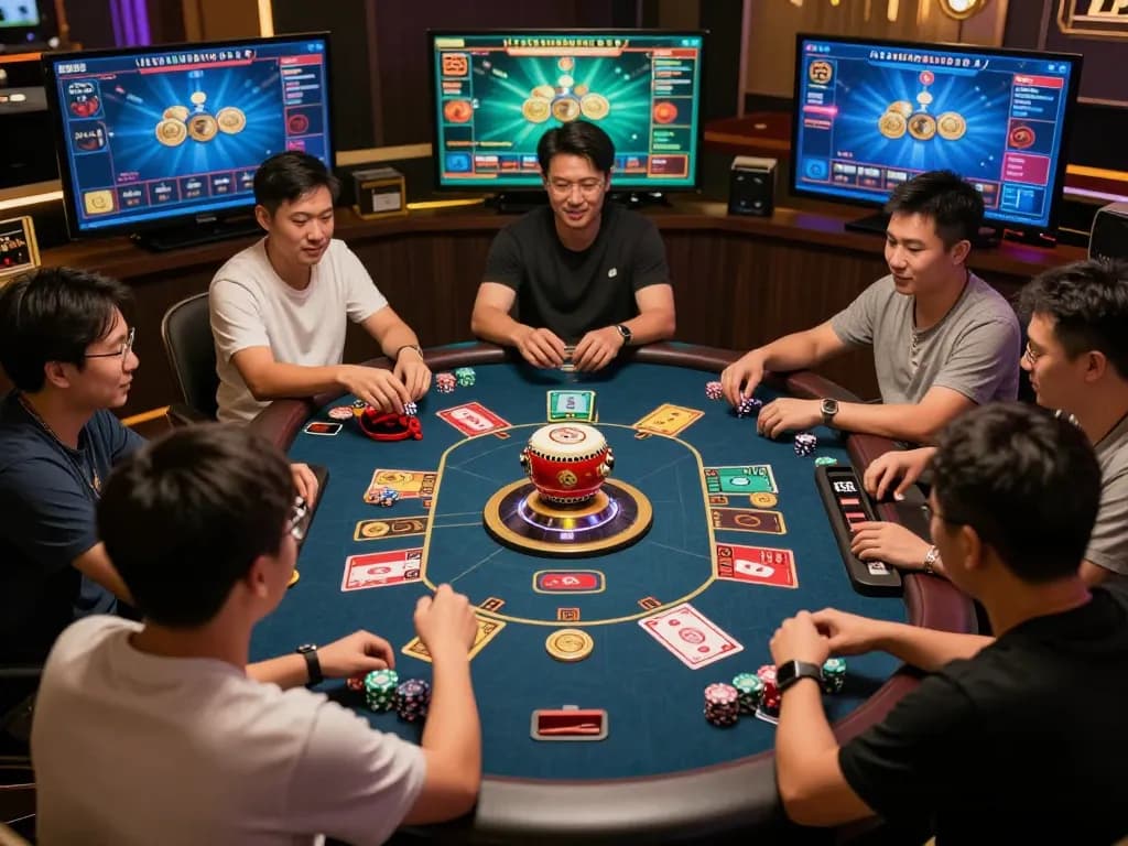 Xóc Đĩa gameplay in a vibrant online casino with players actively participating and engaging in the game.