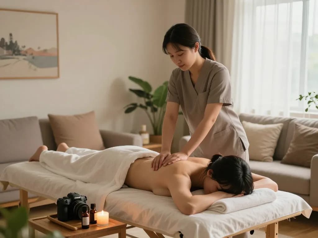 Relaxing 부천 출장마사지 scene in a peaceful living room setting.