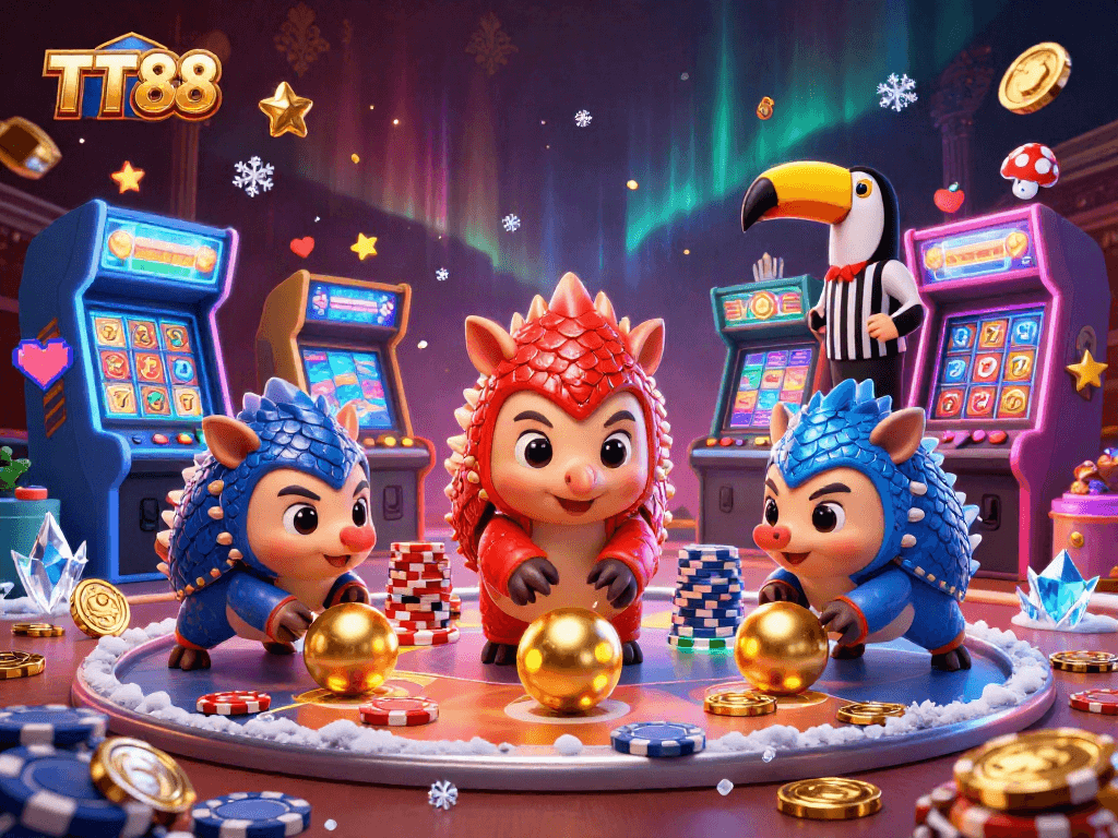Experience TT88's thrilling casino action with rival pangolins bowling through glittering poker chips.