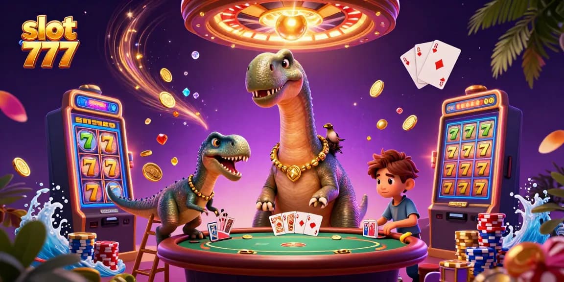 Memainkan slot 777 dengan brontosaurus 3D dan raptor cerdas dalam suasana kasino yang meriah.