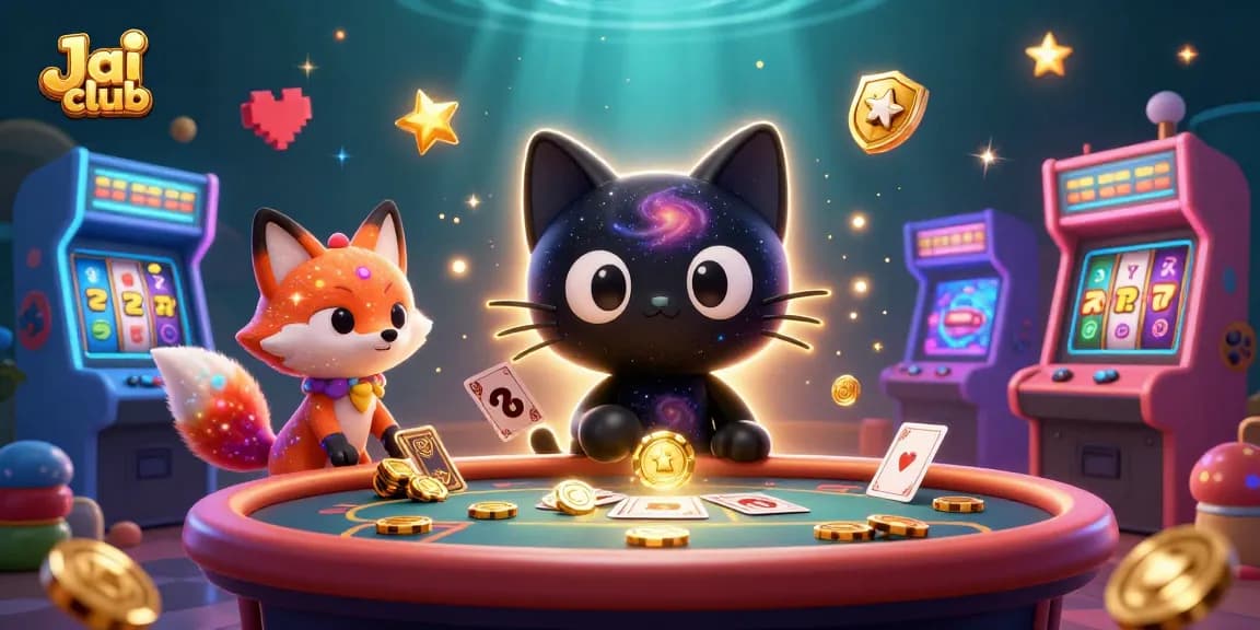 Play thrilling games at Jai club with a dynamic casino scene featuring a cosmic cat and fantasy elements.