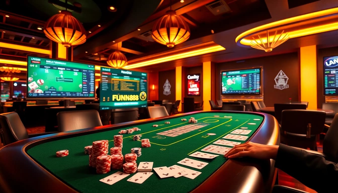 Engage with the Fun88 link in a vibrant casino setting filled with betting activities.