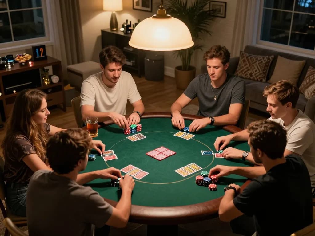 Friends enjoying a poker night at home, capturing the engaging gameplay on tr88 com.