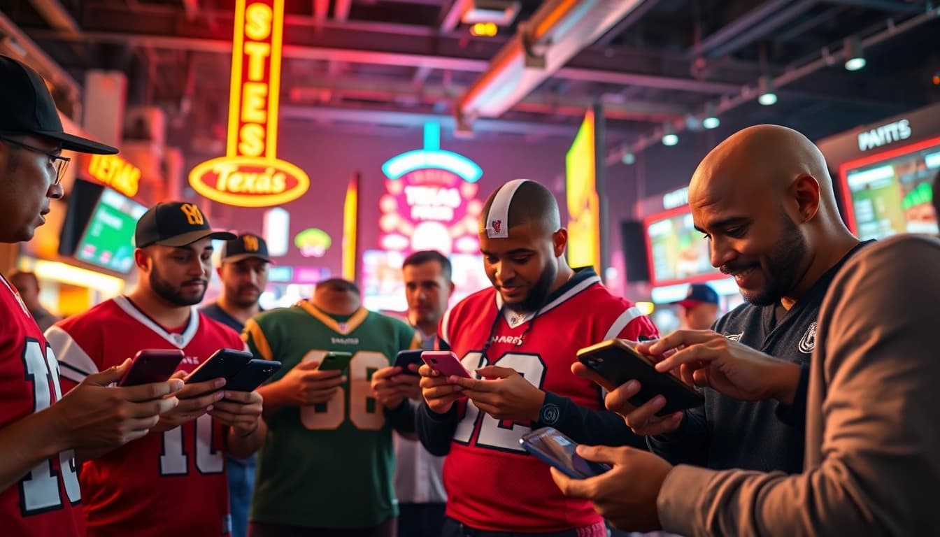 Engaged bettors participating in Texas sports betting with smartphones in a vibrant urban setting.