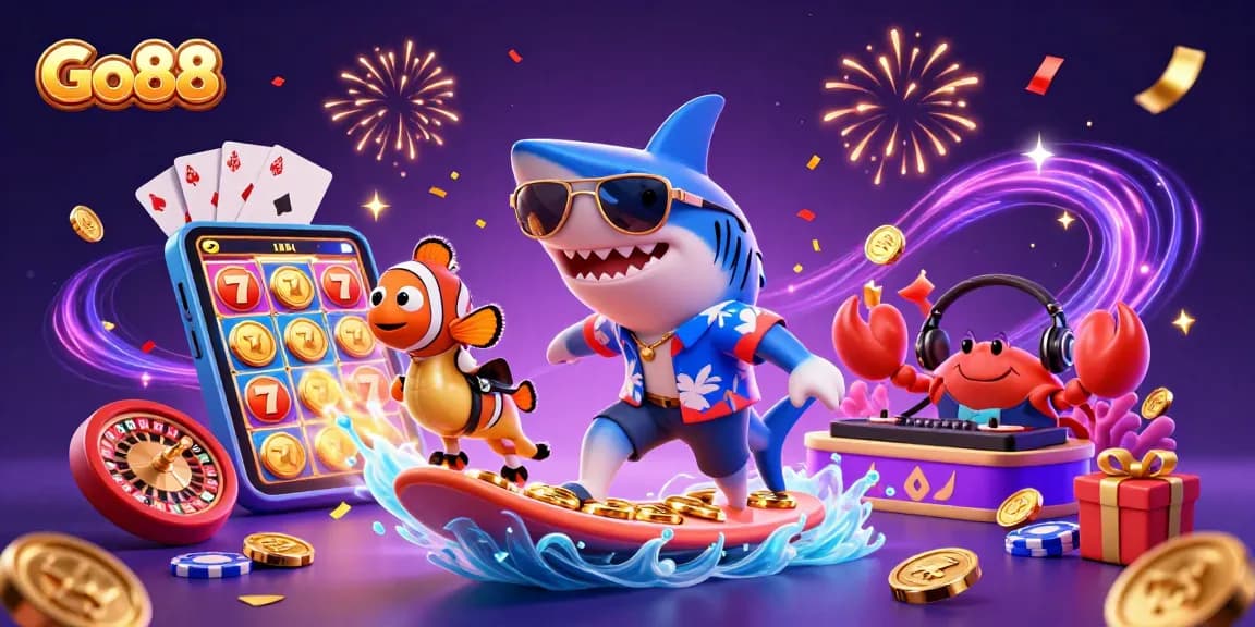 Go88 players celebrate wins with vibrant 3D characters amidst a gold coin wave and slot game fun.