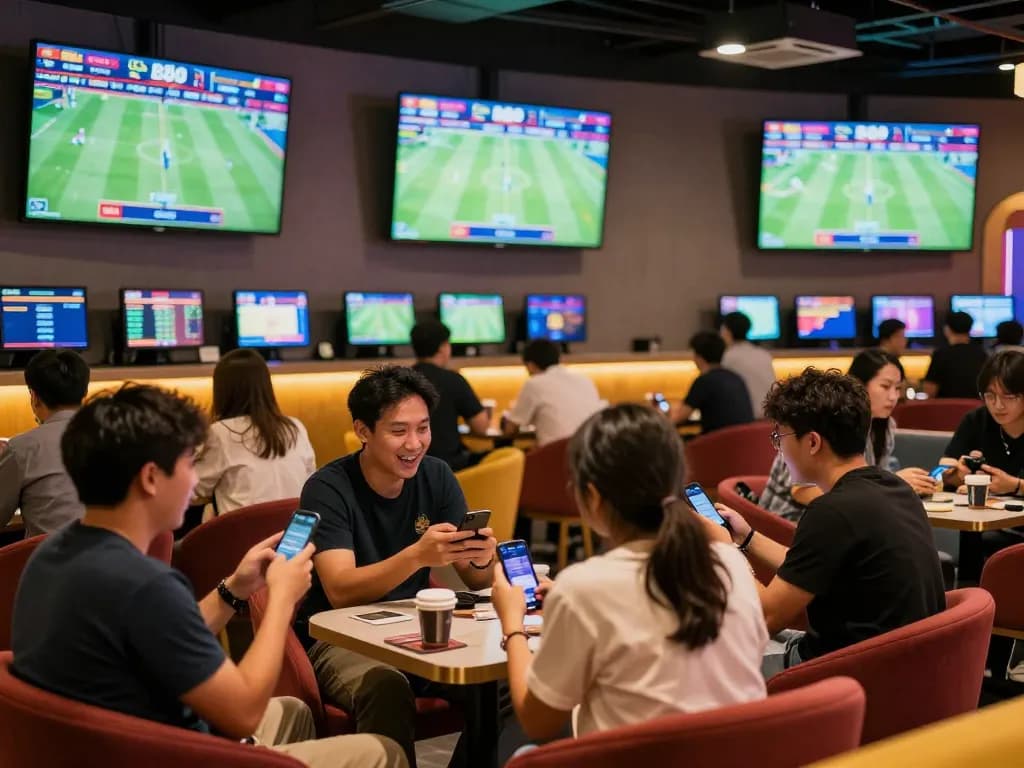 Placing bets in the thrilling atmosphere of Link FB88 sports betting lounge, excitement visible among fans.
