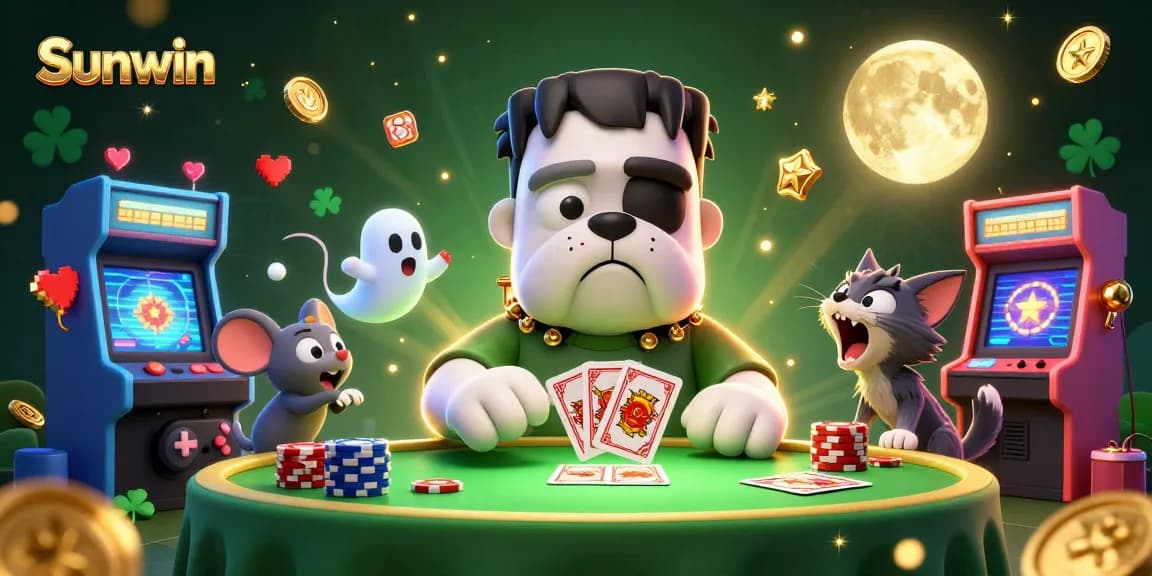 Sunwin gaming scene featuring a Frankenstein bulldog monster, ghost mouse, and werewolf kitten with vibrant slot machines and casino elements.