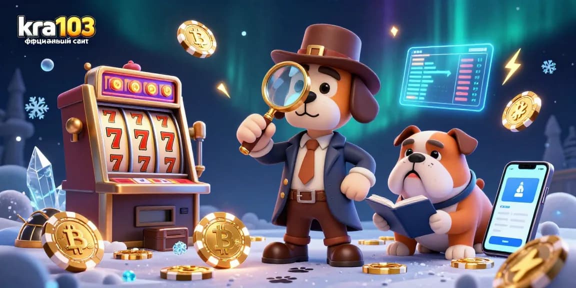 Engage with kra103 официальный сайт as the bloodhound detective investigates a poker chip in a vibrant casino scene.