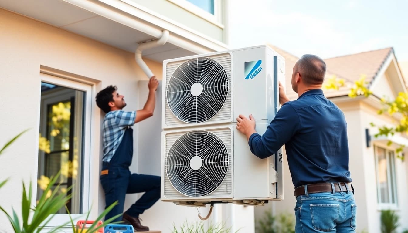 Technician installing a daikin mini split ac in a modern home setting.