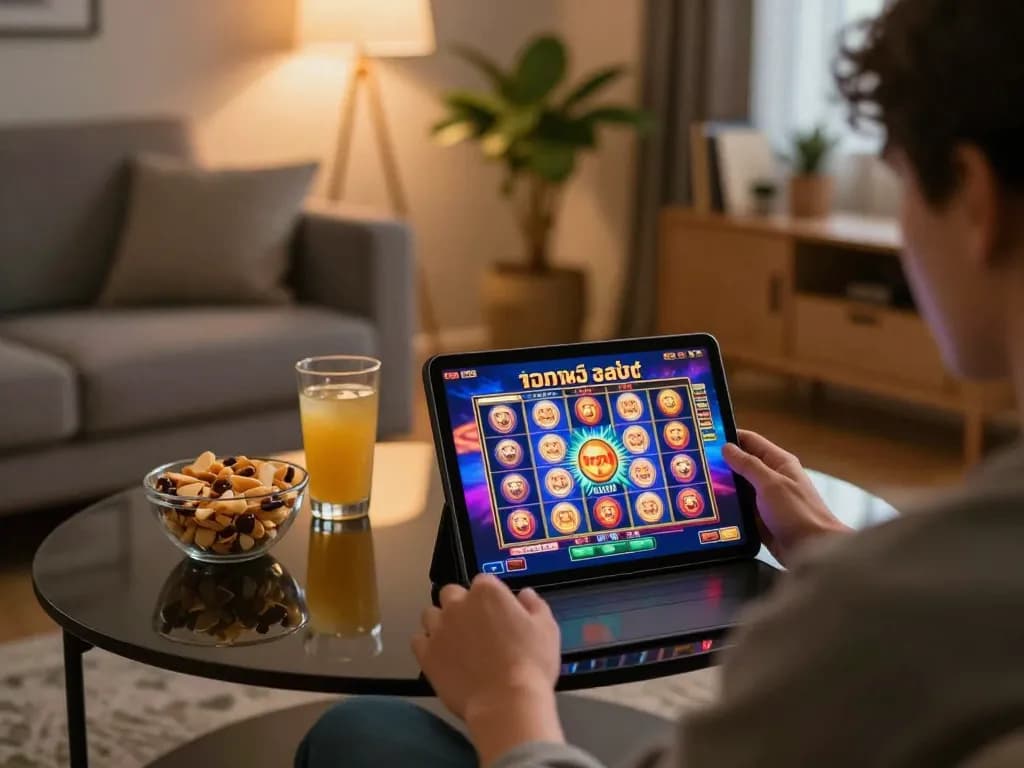 Engaging in เว็บตรงสล็อต gameplay on a tablet in a cozy modern living room.