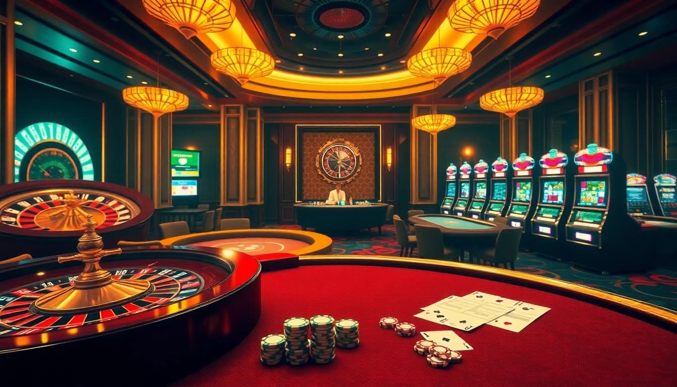 Experience the thrill of mm88 com with an elegant casino scene showcasing roulette, blackjack, and vibrant slot machines.