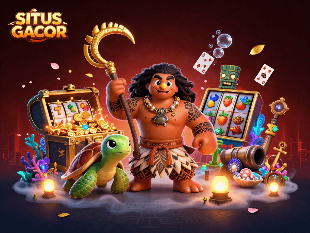 SITUS GACOR showcases a dynamic 3D illustration featuring a Polynesian demigod and gaming symbols for an immersive casino experience.