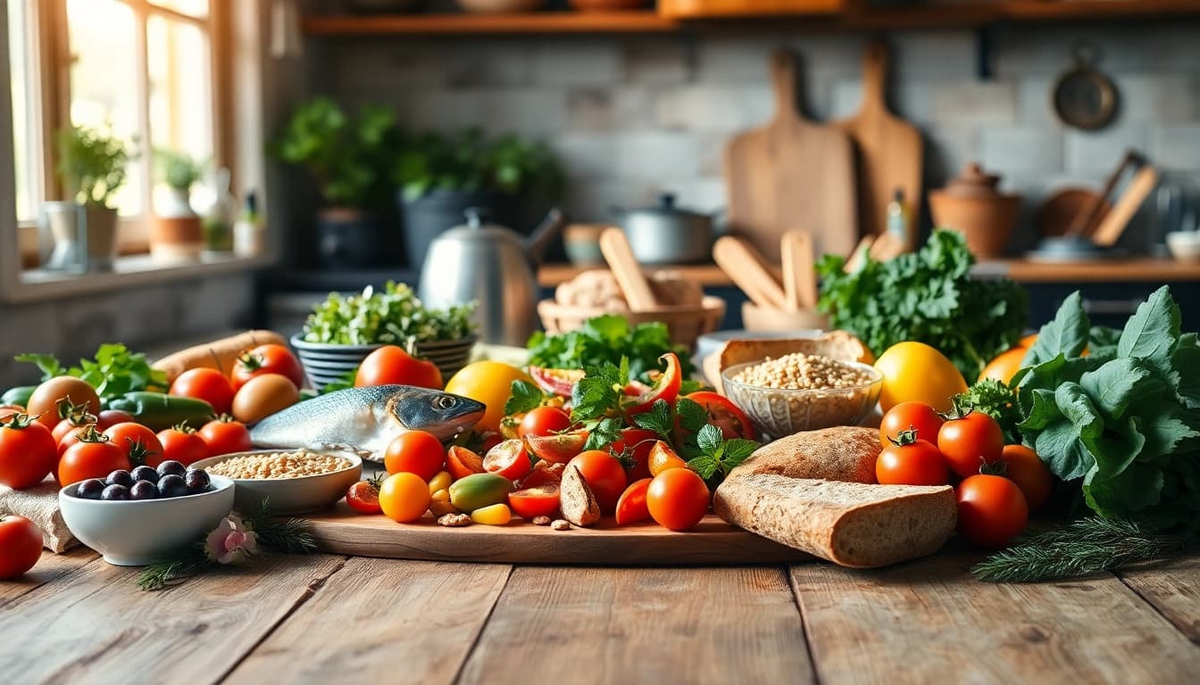 Present a vibrant Mediterranean diet spread with fresh ingredients, emphasizing health and variety.