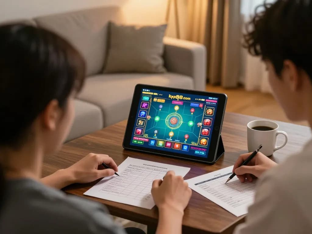 Players engaging in online gaming on kp88 com in a cozy living room, focusing on strategic bets.