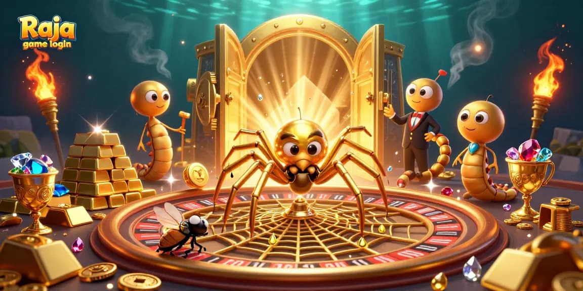 Experience Raja game login with a vibrant 3D casino scene featuring gold spinning roulette and characters.