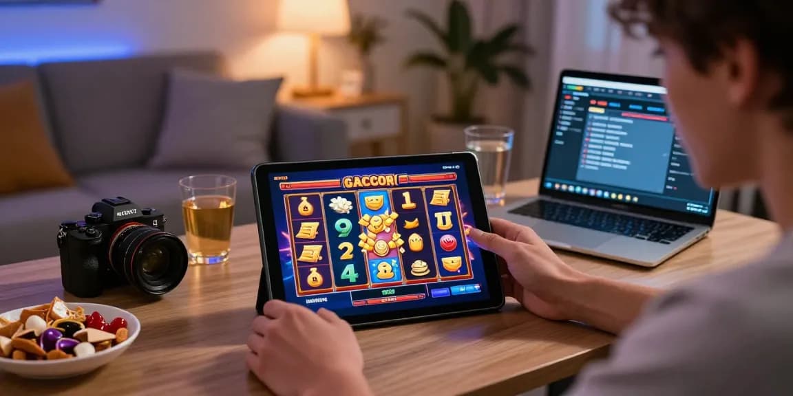 Player enjoying a slot gacor game on a tablet with vibrant animations and relaxed atmosphere.