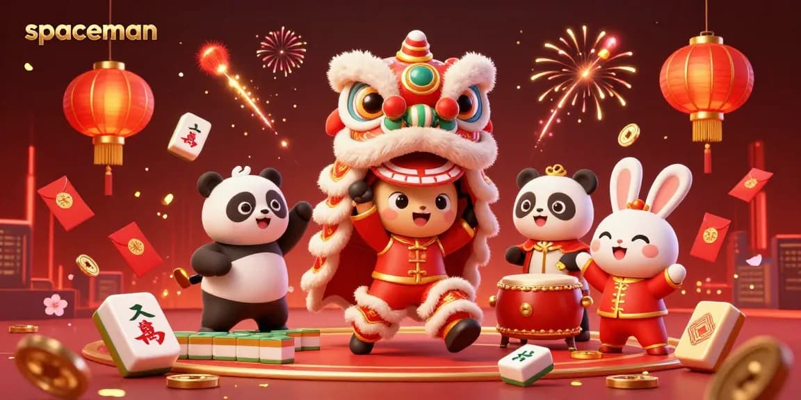 Spaceman showcases a vibrant casino scene with a lion dance, drumming panda, and fireworks, filled with winning energy.