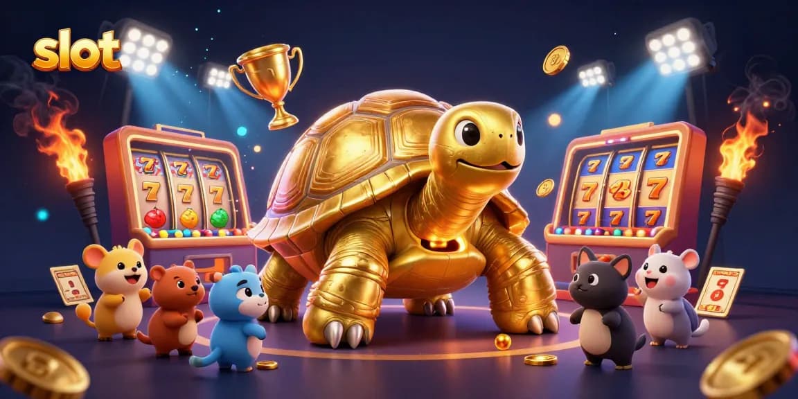 Spin slot reels and win big with a golden tortoise in this thrilling 3D casino illustration.