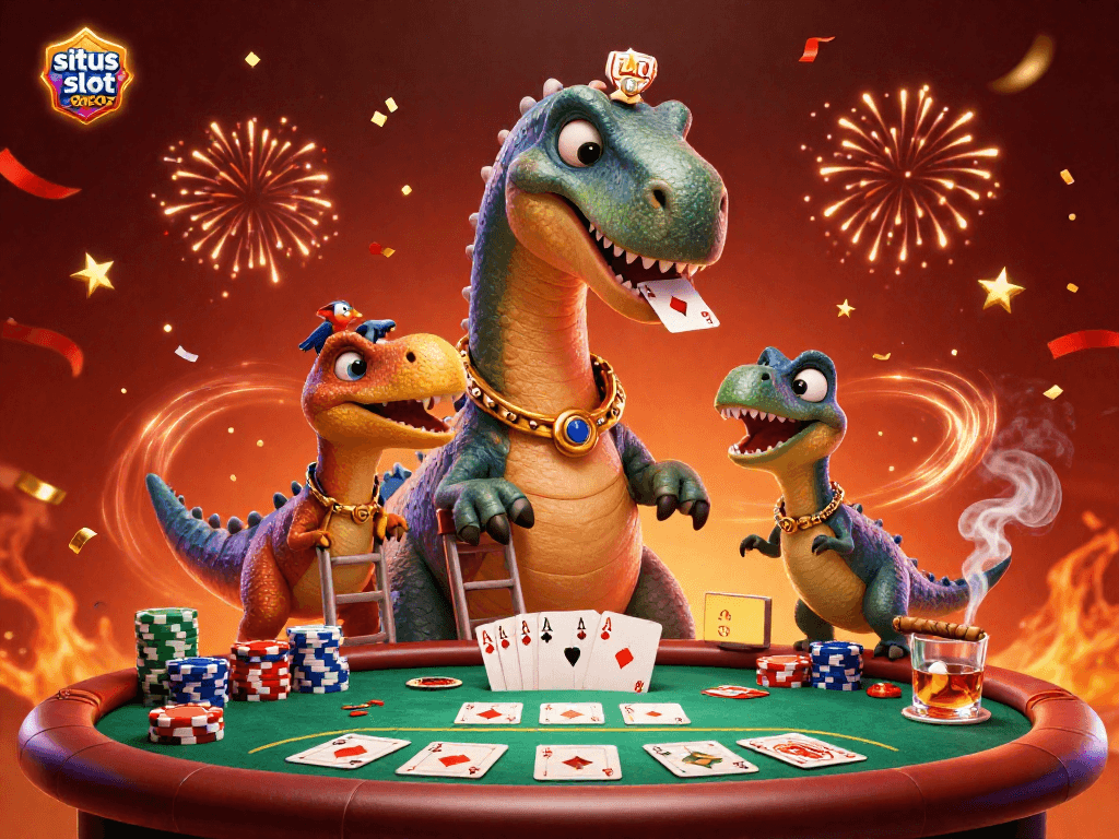 Spark excitement with situs slot gacor as a dinosaur oversees a lively poker game under casino lights.