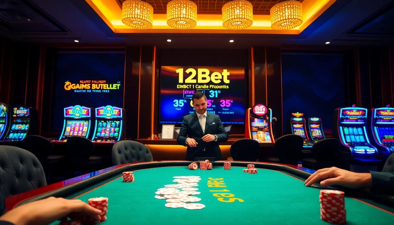Experience thrilling gameplay with 12bet at a luxurious casino table featuring cards and chips.
