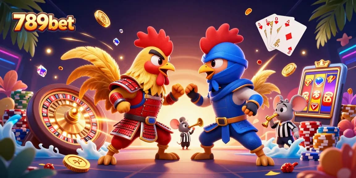 The dynamic duel of 789bet's samurai rooster and ninja rooster amid a lively casino scene.