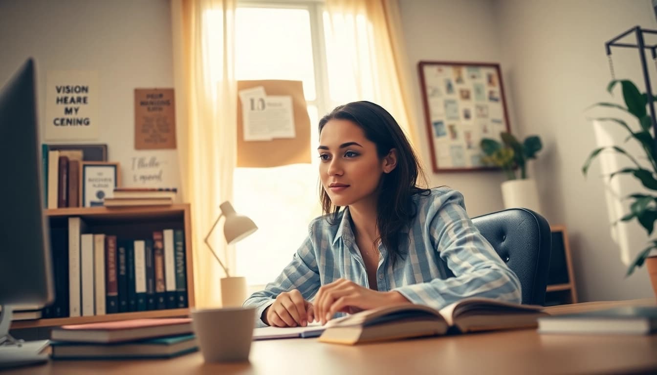 A professional reflecting on how to find my true calling in a cozy home office filled with inspiration.
