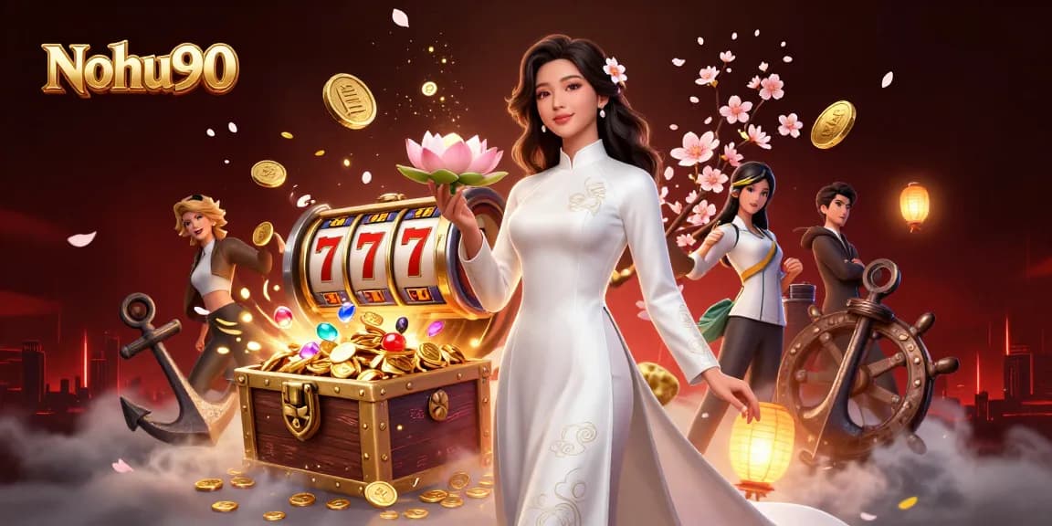 Nohu90 showcases vibrant jackpot excitement with an elegant Asian woman and slot reels in a festive scene.