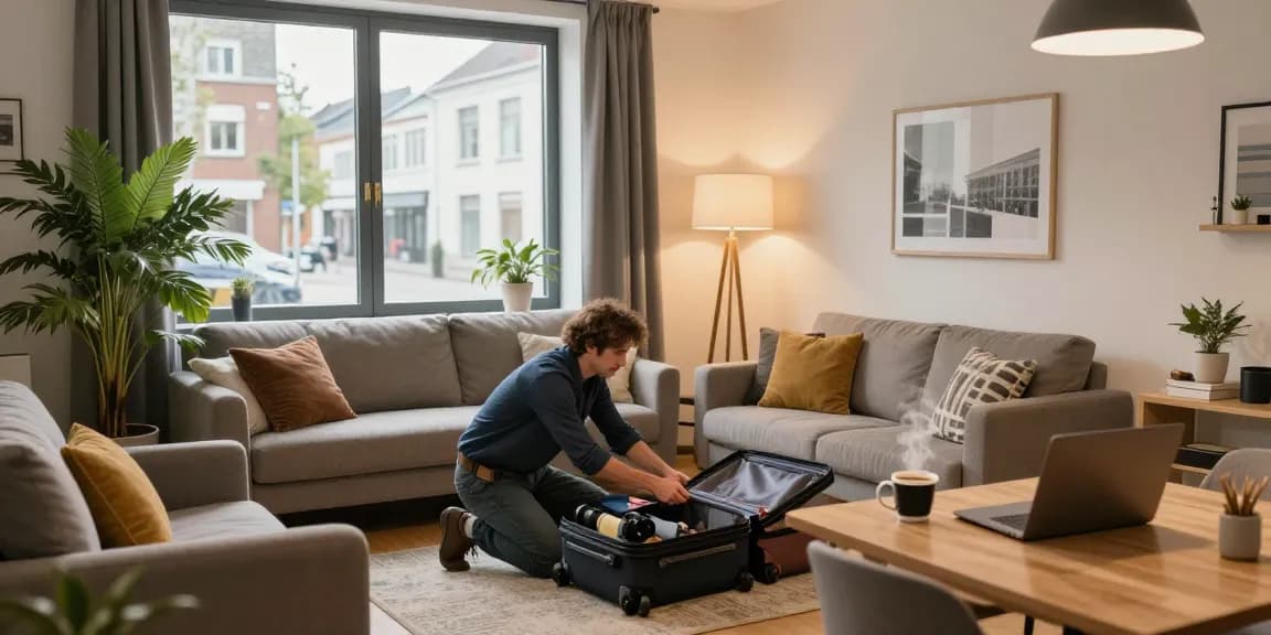 Monteurzimmer mieten Hannover: gemütliche Apartment-Szene mit einem Reisenden, Laptop und Stadtblick.