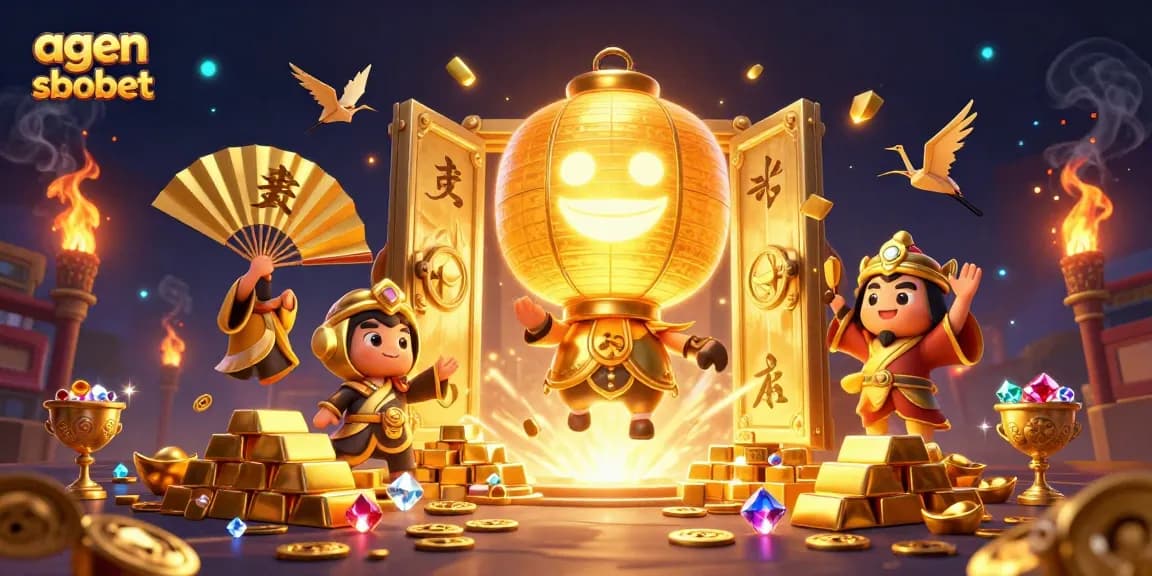 Engage with agen sbobet in a vibrant casino scene featuring lucky symbols and gold treasures.