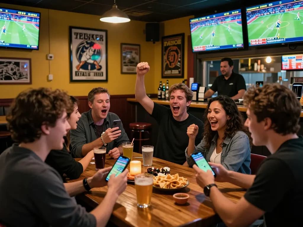 Excited sports fans betting on their smartphones during a qq88 gaming night in a lively sports bar.