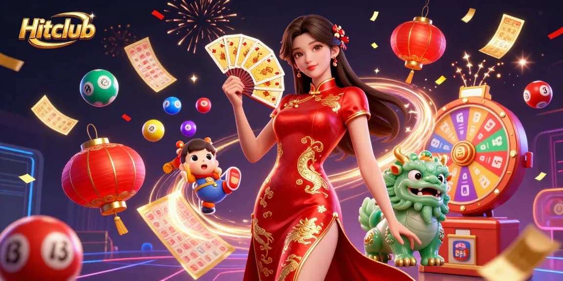 Hitclub's elegant 3D woman in qipao plays with golden cards amidst vibrant lottery elements.