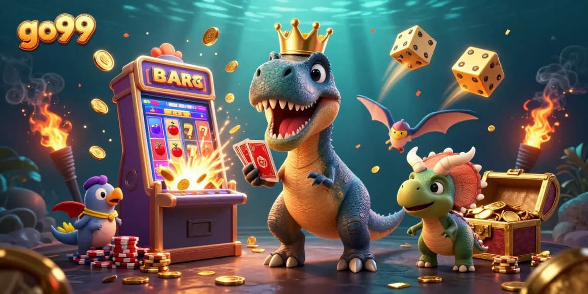 Experience gaming excitement at go99 with a dynamic scene of playful dinosaurs in a casino setting.