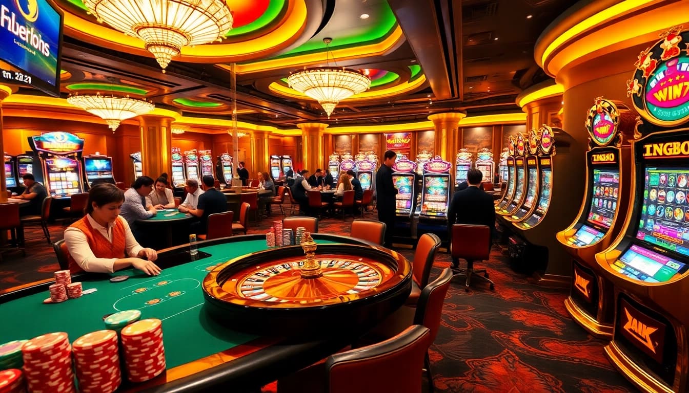 Exciting casino scene showcasing Tk88 poker chips and vibrant slot machines.