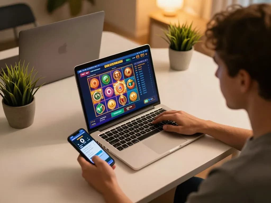 Engaging online casino gameplay at home with laptops and smartphone on table, featuring situs gacor.