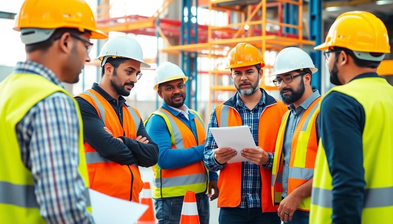 Workers engaged in construction safety training, demonstrating protocols on site for effective learning.