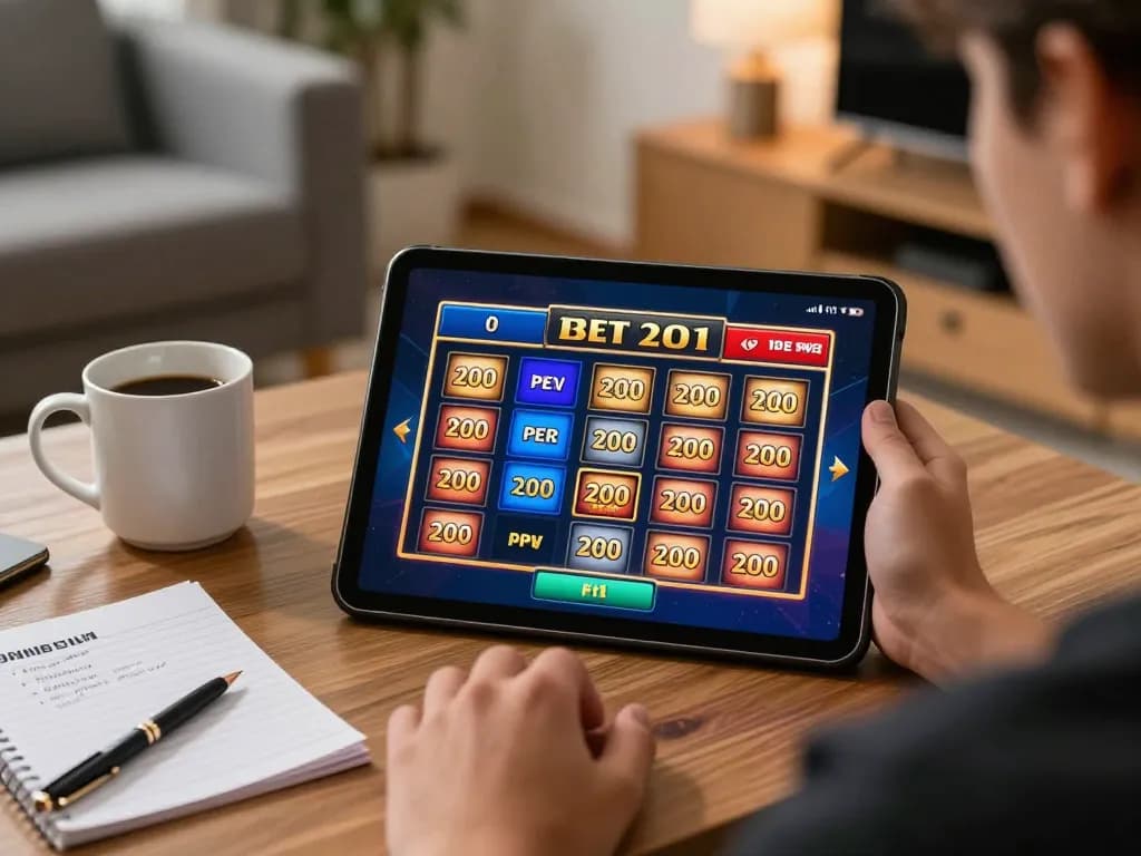 Engaging gameplay of slot bet 200 perak on tablet in a cozy home setting, showcasing online gaming excitement.