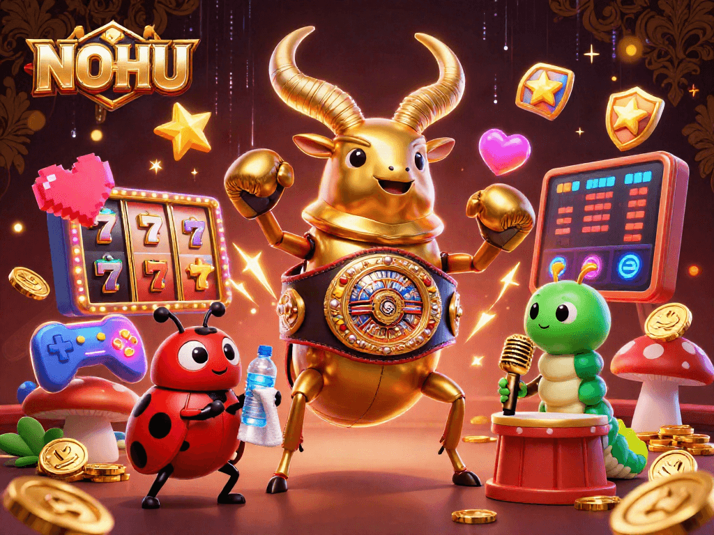 Engage with NOHU's vibrant slot reels and charismatic characters in this electrifying casino scene.