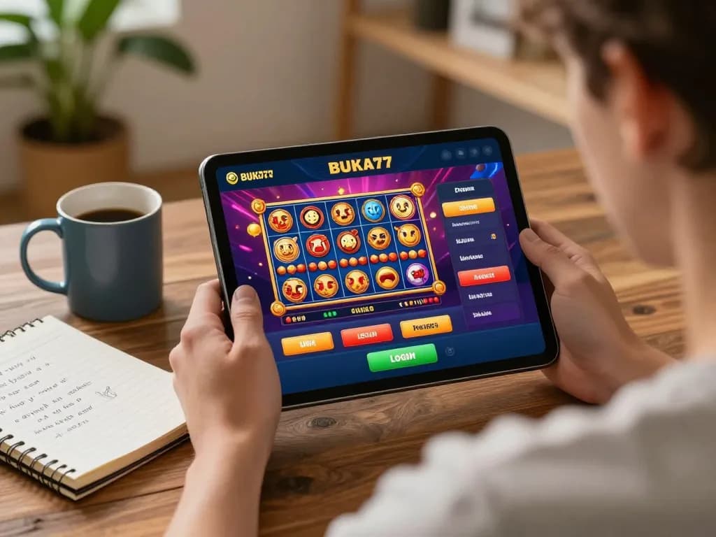 Engaging with BUKA77 LOGIN on a tablet, showcasing colorful slots and cozy atmosphere
